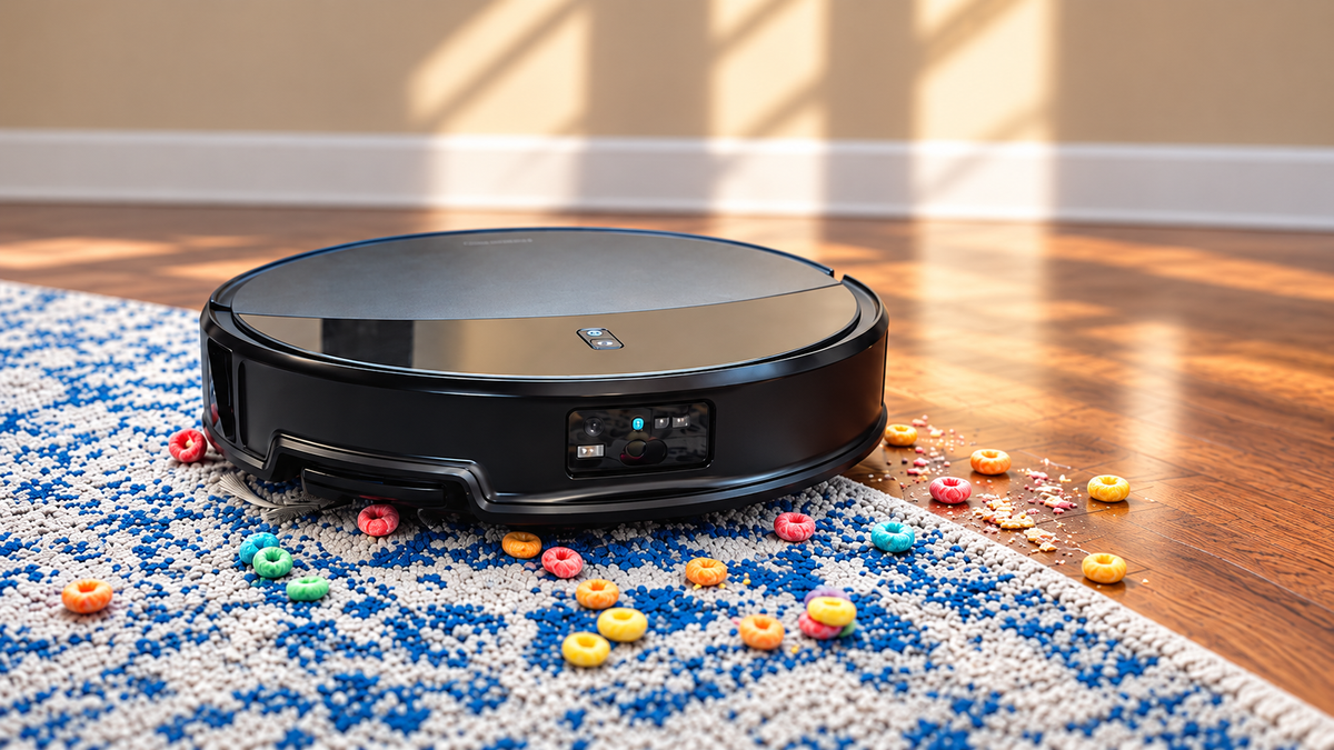 Roborock Saros 20 robot vacuum on a patterned rug beside engineered hardwood flooring with colorful cereal pieces scattered nearby.