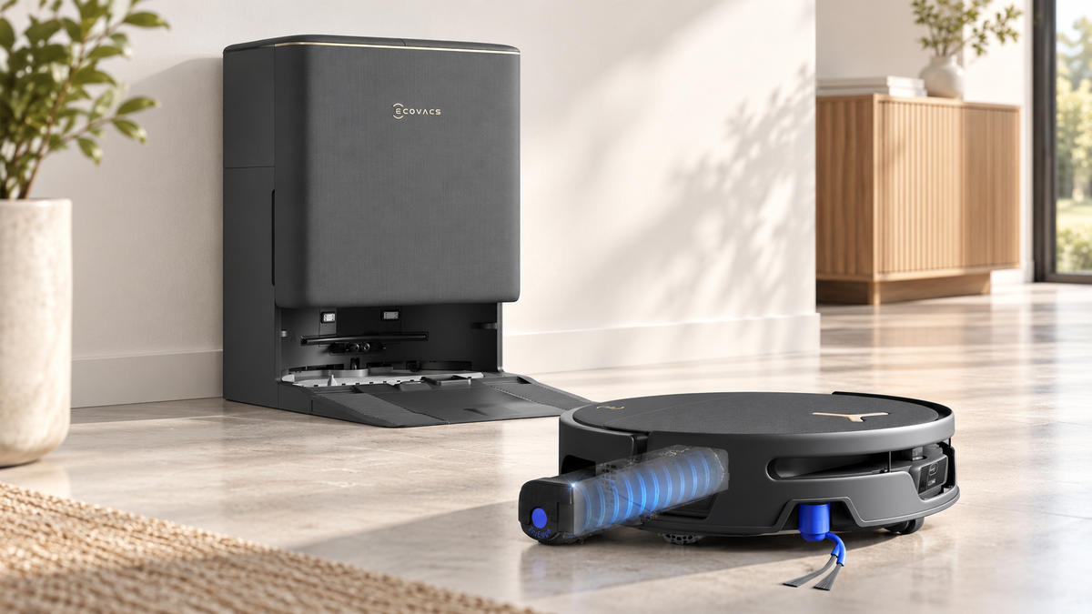 Ecovacs Deebot T90S Pro Omni robot vacuum and Omni station in a bright home, with the Ozmo Roller 3.0 mop and side brush visible.