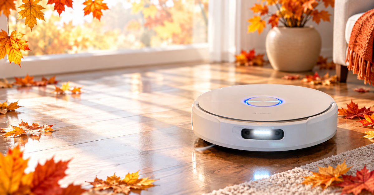 Fall-themed graphic promoting early robot vacuum sales ahead of Prime Big Deal Days on Oct. 6-7, with a robot vacuum and a caution message that better deals may be ahead.