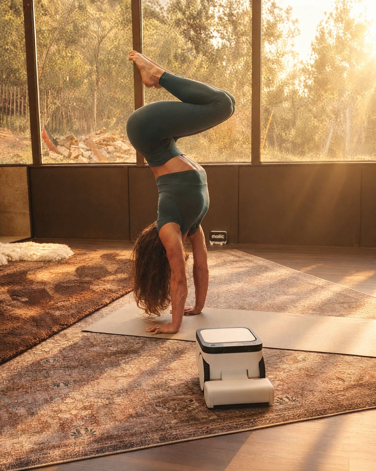 Matic Serene robot vacuum on a patterned rug beside a person rolling up a yoga mat in warm sunlight.