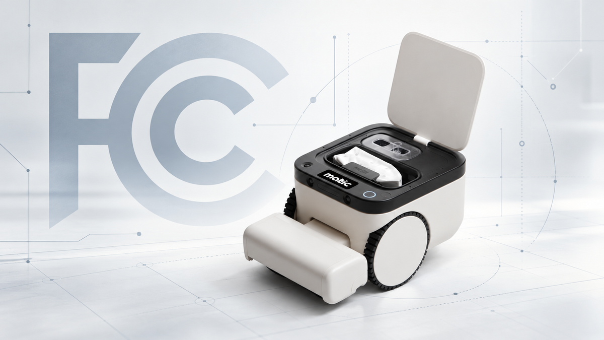 Matic robot vacuum with its top lid open, positioned in front of a large FCC logo and subtle technical blueprint graphics.