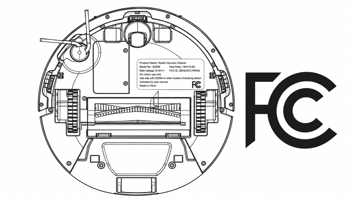 Line diagram of the underside of a round robot vacuum showing one side brush, a central roller and two drive wheels.