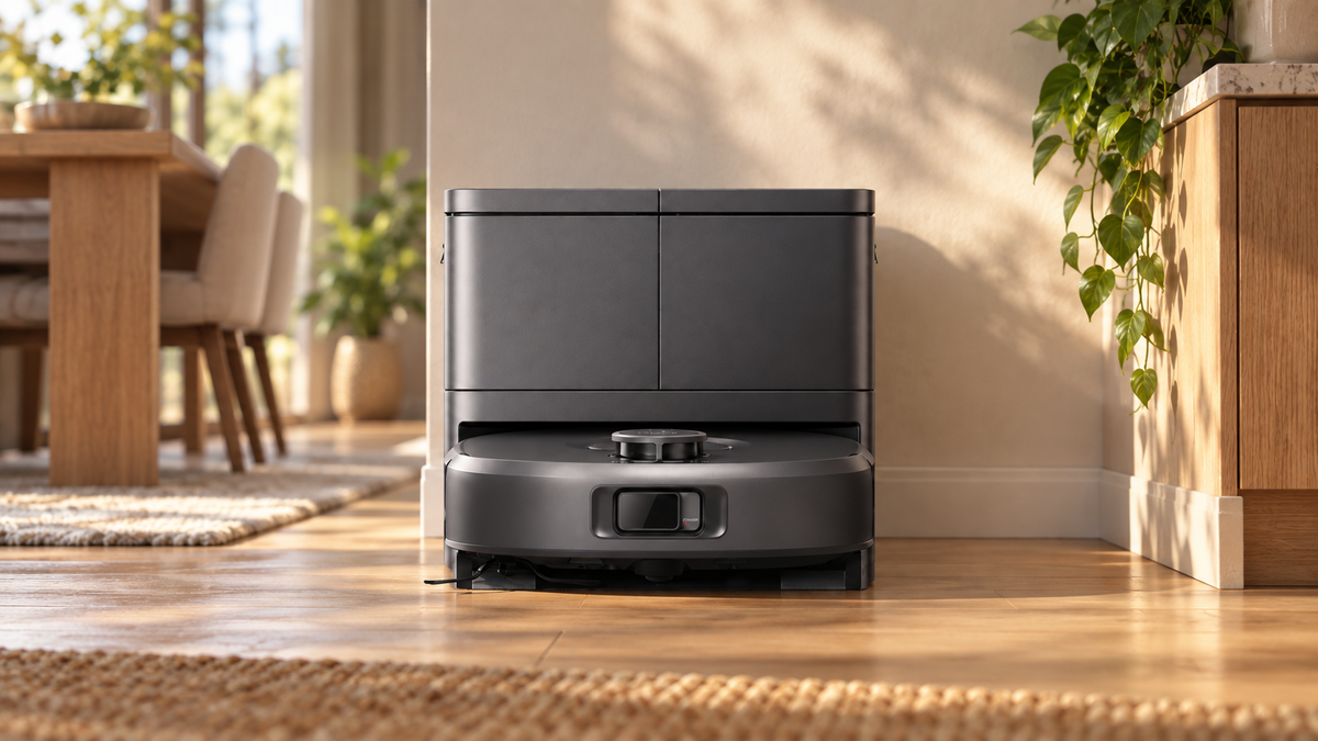 Eufy Omni C30 robot vacuum docked at its cleaning station in a sunlit modern home.