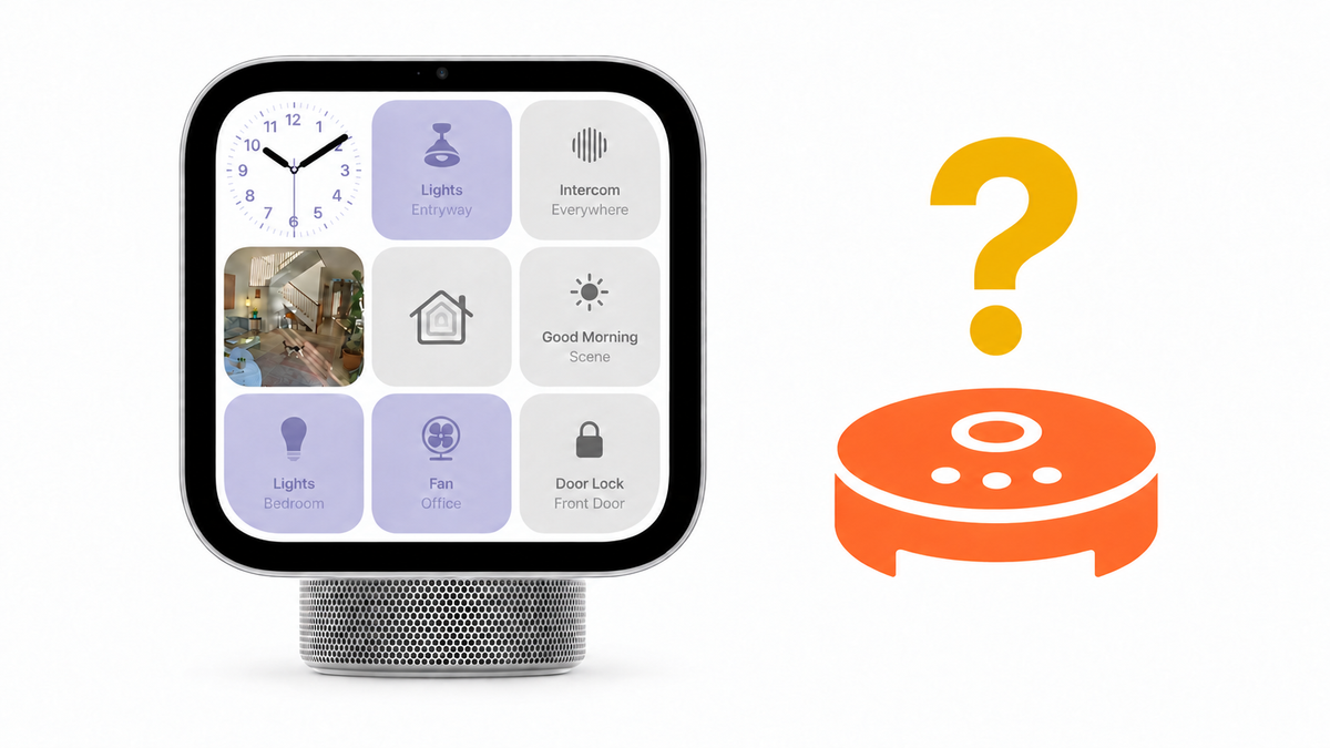 Apple smart home display beside a large orange robot vacuum icon, with a yellow question mark above it on a white background.