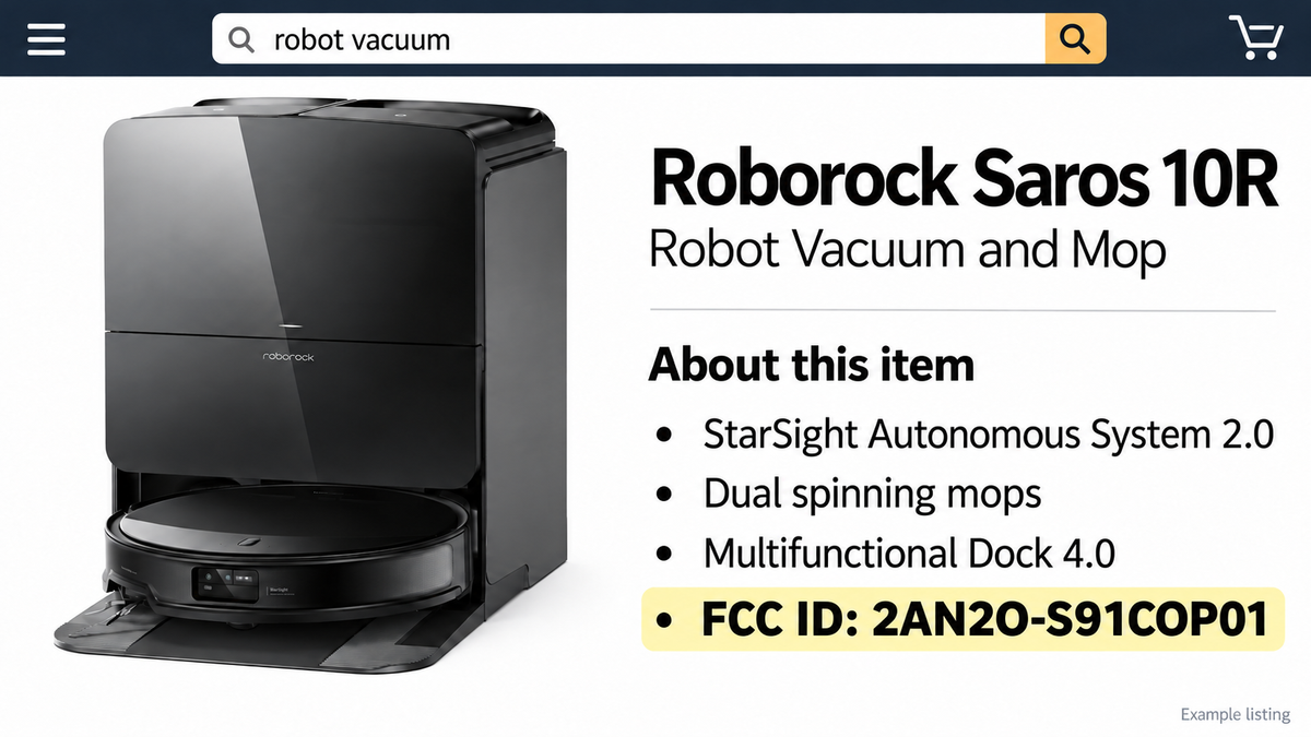 Mock online listing for a Roborock Saros 10R robot vacuum and dock, with “FCC ID: 2AN2O-S91COP01” bolded and highlighted in yellow in the product description.