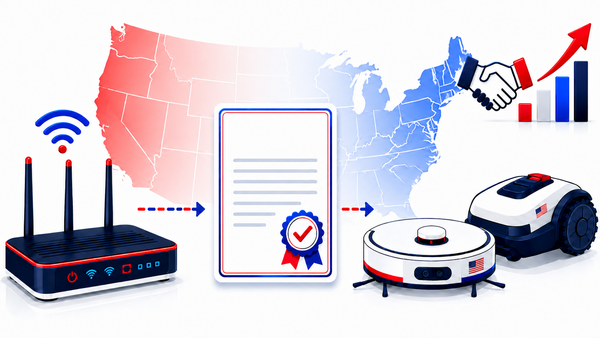Illustration of a wireless router, FCC-style approval document, robot vacuum and robotic lawn mower in front of a red, white and blue U.S. map, with a handshake and rising chart symbolizing p