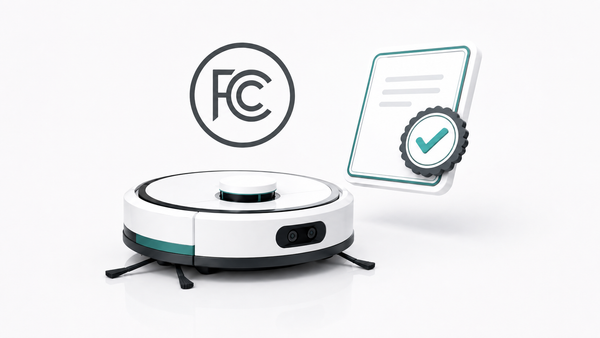 Illustration of a robot vacuum beside an FCC logo and approval document with a checkmark.
