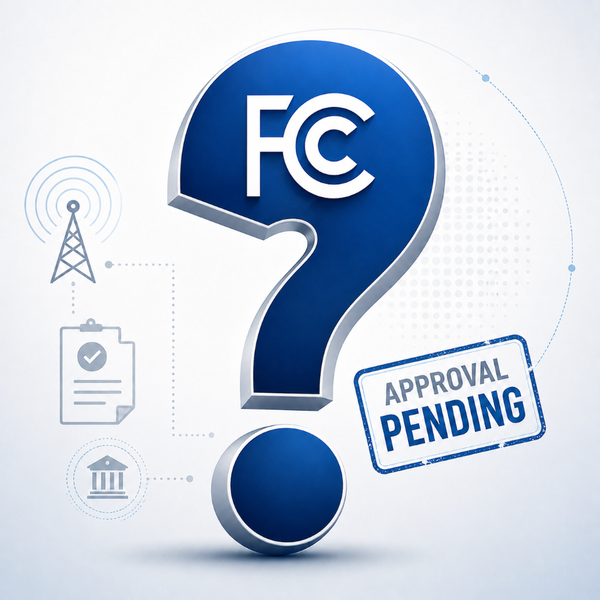 Blue FCC-themed graphic on a white background featuring a large question mark with the FCC logo, regulatory icons and an “Approval Pending” stamp.