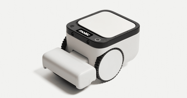 Matic robot vacuum shown from the front and side with large wheels, a white-and-black body and front-mounted cleaning assembly.