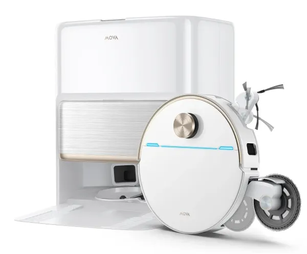MOVA V70 Ultra Roller Complete robot vacuum in front of its white self-cleaning dock, with its extendable side brush and mop system visible.
