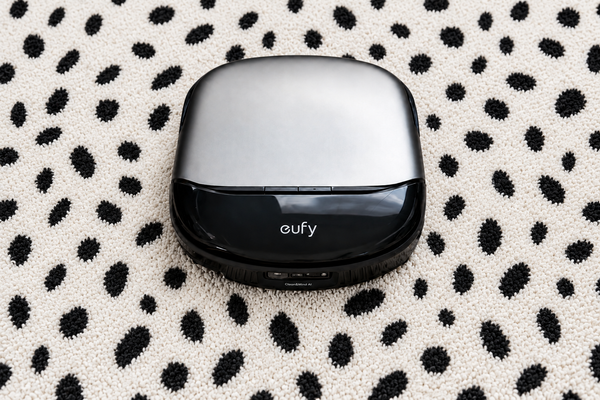 Eufy Omni S2 robot vacuum on beige carpet, viewed from the front with its silver top and black front panel visible.