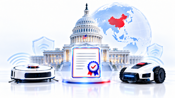 Illustration of the U.S. Capitol with a robot vacuum, robotic lawn mower and a globe highlighting China, representing proposed changes to FCC technology restrictions.