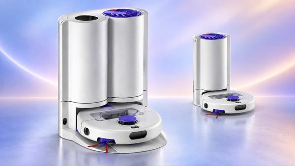 Dyson R2 Nurovi Wash+Dry and R1 Nurovi Dry robot vacuums shown with their docks against a blue and pink gradient background.