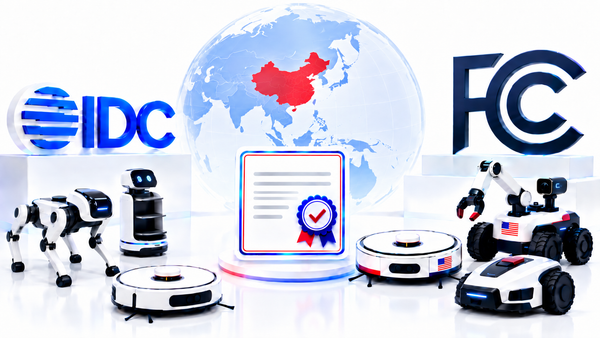 Editorial illustration showing IDC and FCC logos alongside multiple robots, a certification document and a globe highlighting China in red.