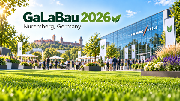 GaLaBau 2026 hero graphic showing bright green turf, landscaped flower beds and the Nürnberg Messe exhibition center in Nuremberg, Germany.