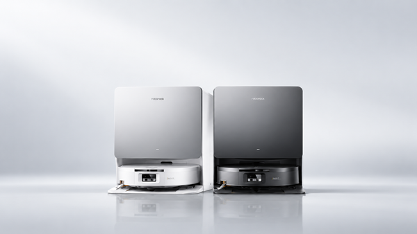 Roborock Saros 20 Flow robot vacuum and dock in white and black.