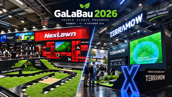 GaLaBau 2026 trade show collage featuring NexLawn and TerraMow robotic lawn mower booths with indoor demo areas.