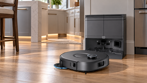 Eufy Omni C30 Edge robot vacuum and docking station in a modern kitchen with wood flooring, white cabinets and recessed toe kicks.