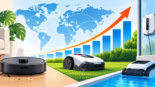 Illustration of a robot vacuum, robotic lawn mower, pool cleaner and window-cleaning robot in front of a world map and rising growth chart.