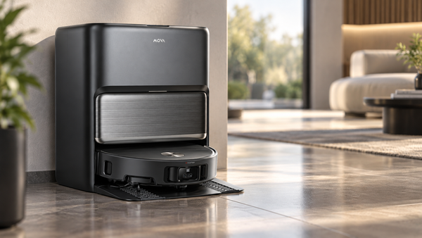Black Dreame MOVA V70 Ultra Pure robot vacuum in its matching docking station on a tiled floor in a modern living room.