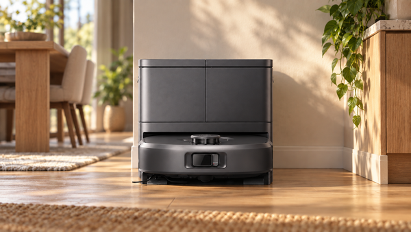 Eufy Omni C30 robot vacuum docked at its cleaning station in a sunlit modern home.