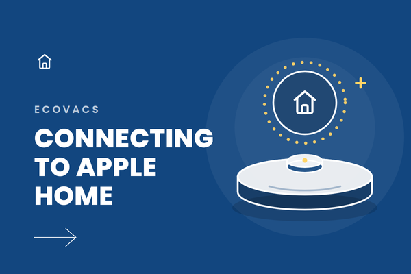 Blue Ecovacs graphic reading "Connecting to Apple Home" with a robot vacuum illustration, Apple Home icons and gold accents.