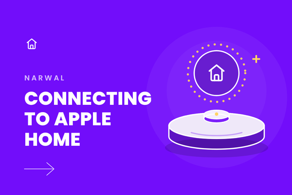 Purple Narwal graphic reading "Connecting to Apple Home" with a robot vacuum illustration, Apple Home icons and gold accents.