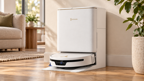 White Ecovacs Deebot T90S Ultra Omni robot vacuum docked at its matching cleaning station on a hardwood floor.