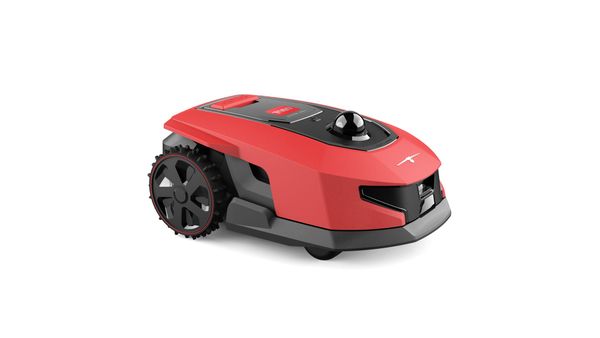 Red and black Toro Haven AM75 robotic lawn mower with a top-mounted lidar sensor, shown against a white background.