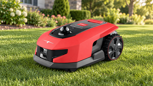 Red and black Toro Haven AM75 robotic mower on grass, with flowering shrubs and a house in the background.