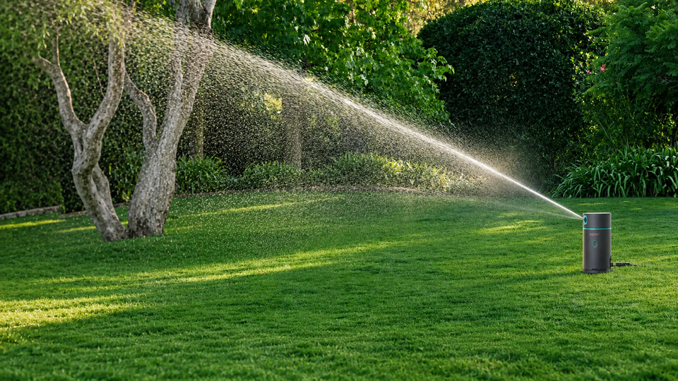 Aiper IrriSense 2 SE spraying water across a green lawn in a landscaped yard.