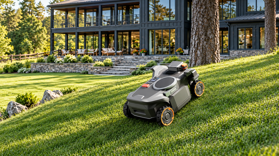 Segway Navimow H5 Pro robotic lawn mower operating on a sloped lawn in front of a modern home.