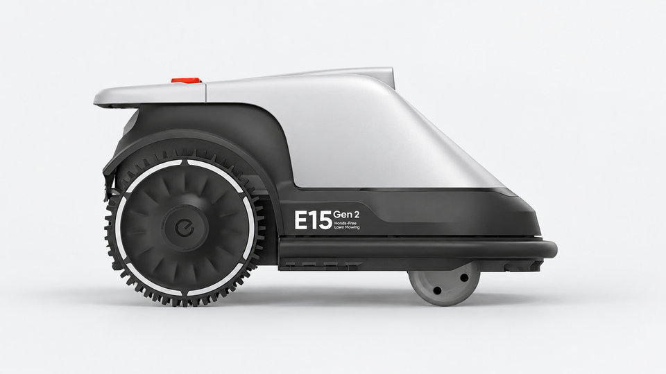 Side view of the silver and black Eufy E15 Gen 2 robotic lawn mower against a light gray background.