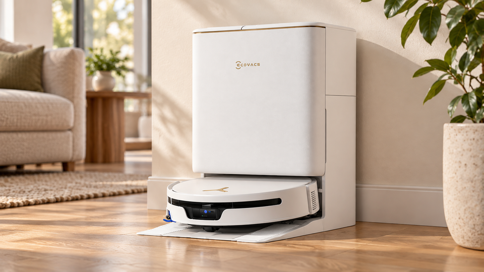 White Ecovacs Deebot T90S Ultra Omni robot vacuum docked at its matching cleaning station on a hardwood floor.