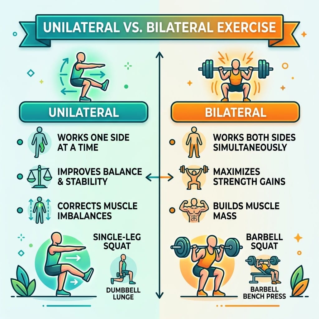 Infographic describing the difference between bilateral and unilateral exercise
