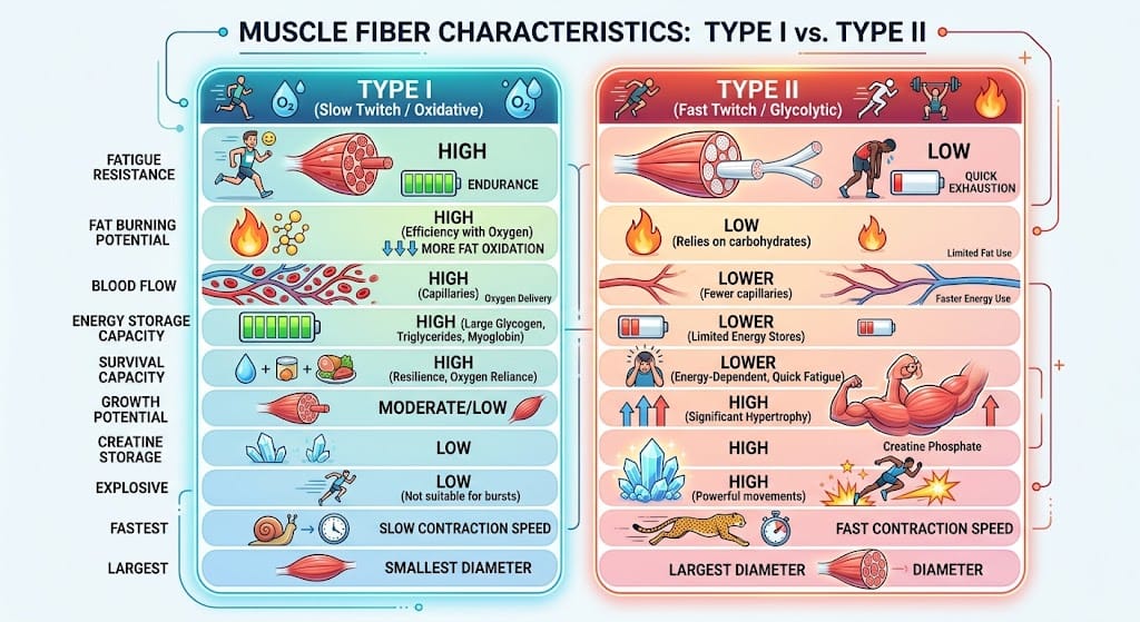 Infographic on the characteristics of different muscle fibre types.