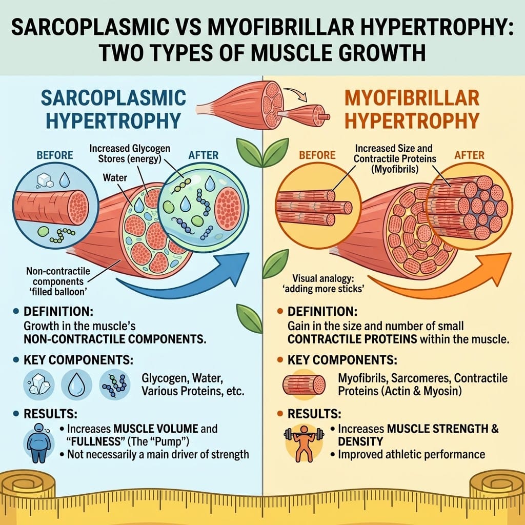 Infographic describing the difference between sarcoplasmic and myofibrillar hypertrophy.
