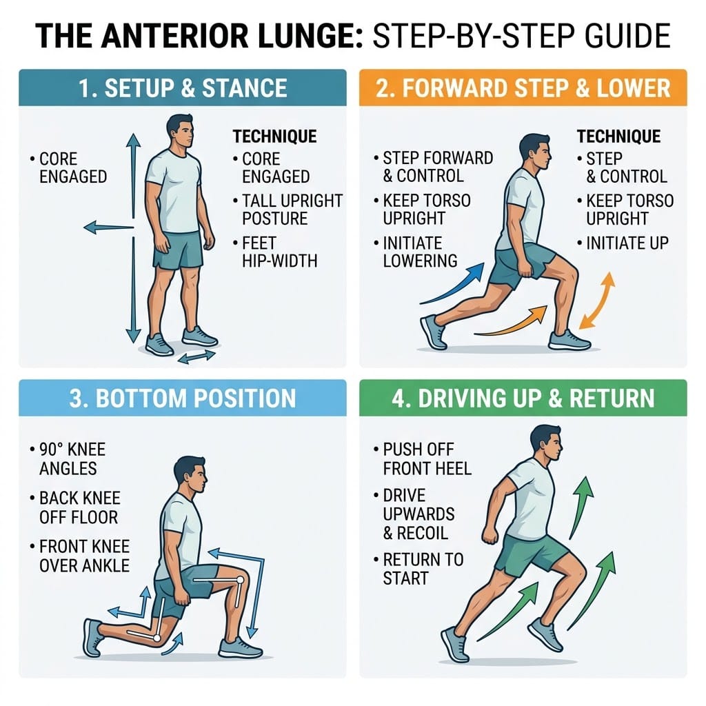 Step by step guide to performing a lunge exercise.