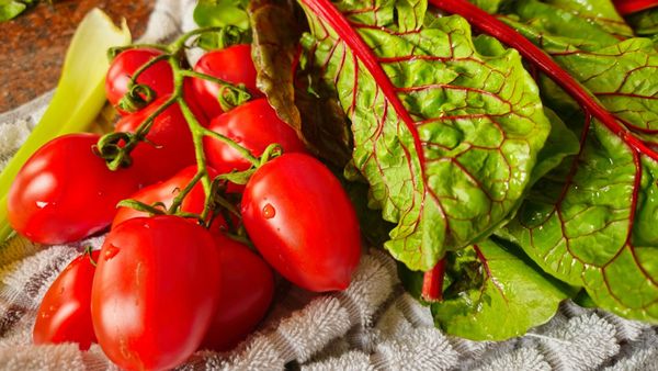 Mediterranean diet ingredients: tomatoes and chard on a wooden table.