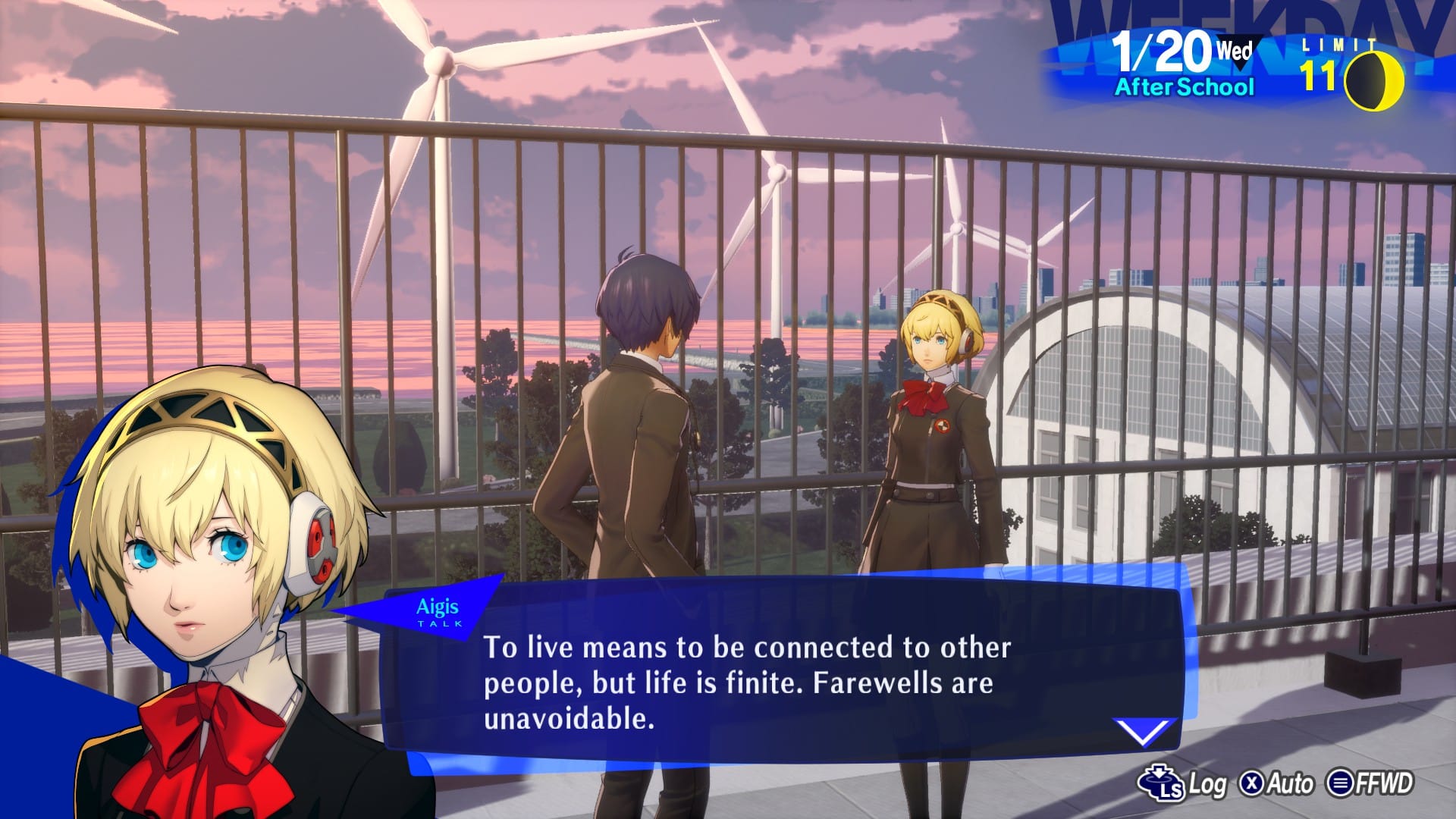 A picture of Aigis, a robot, talking to you, the main character.