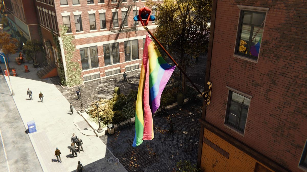 Spider-Man in the 2018 remaste is sitting on a Classic Rainbow Pride Flag!