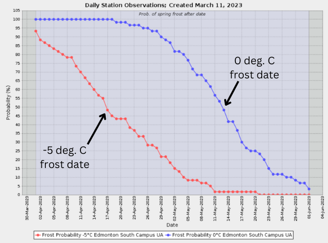 Probability graph showing lines for probability of -5 degree Celsius and 0 degree Celsius frost. Frost dates occur when line reaches 50% probability.