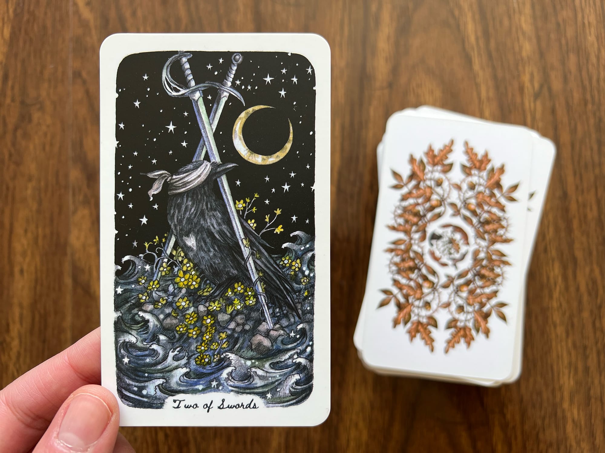 Thumb and finger holds the Two of Swords tarot card
