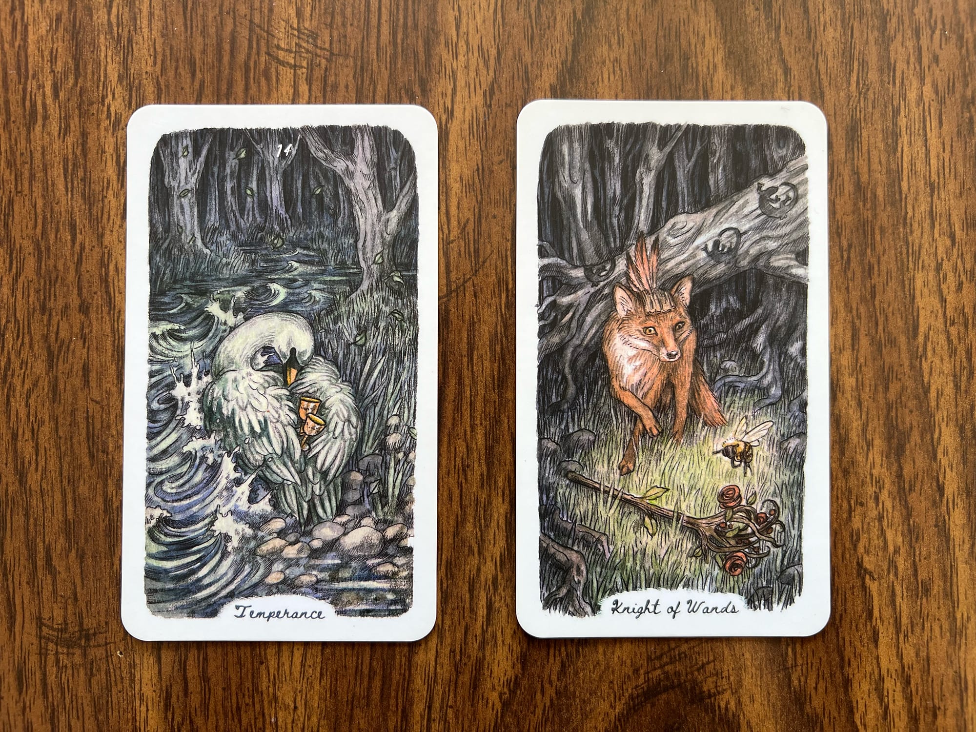 Two tarot cards side by side: Temperance, depicted here with a swan half on water half on land, holding two chalices, and the Knight of Wands, depicted here with a fox who is contemplating a honey bee and a rose sprig wand