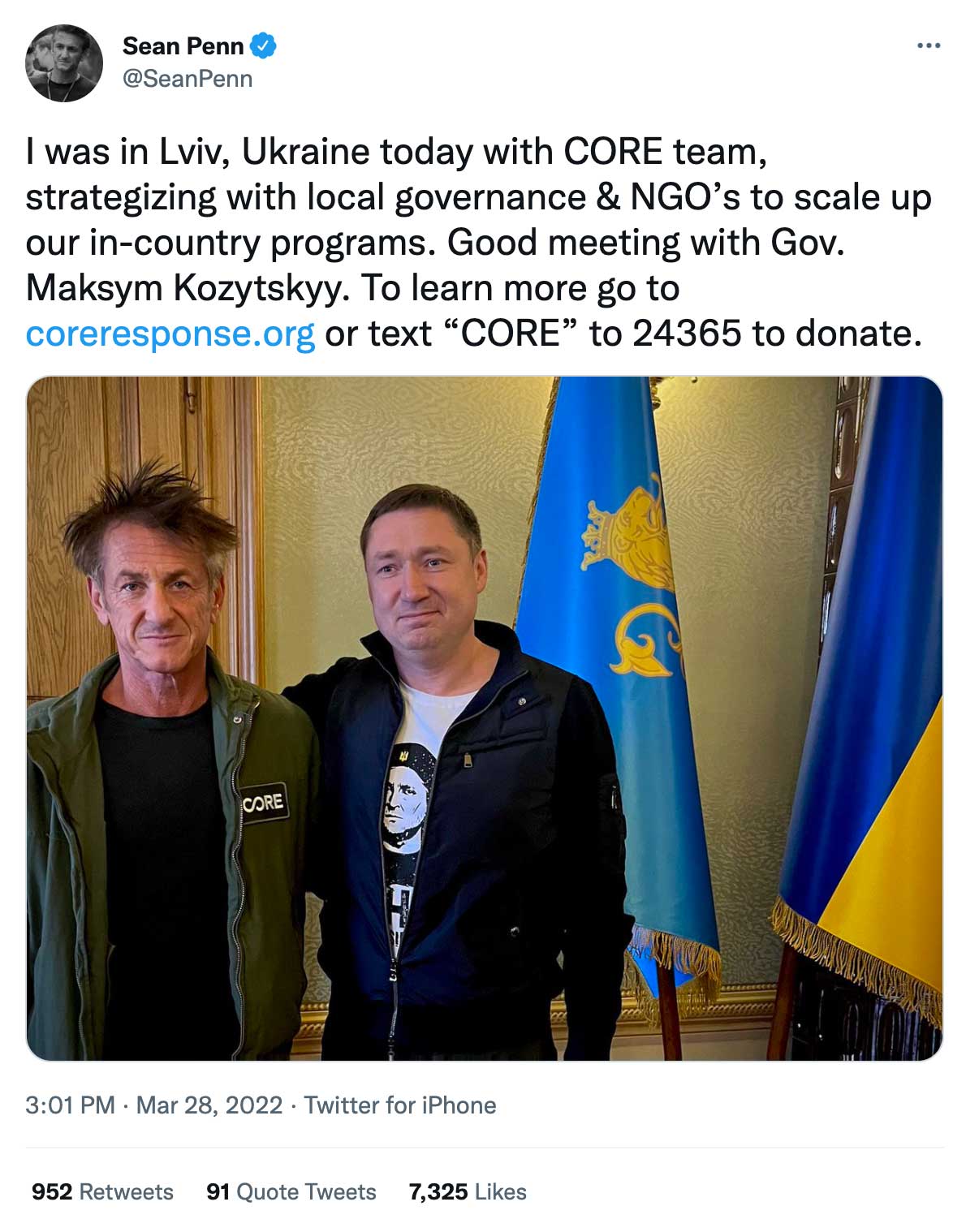 Sean Penn's tweet asking his followers to text "CORE" to 24365 to donate.