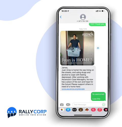 Cell phone showing a text message from Ascencia about Juan finding a home.