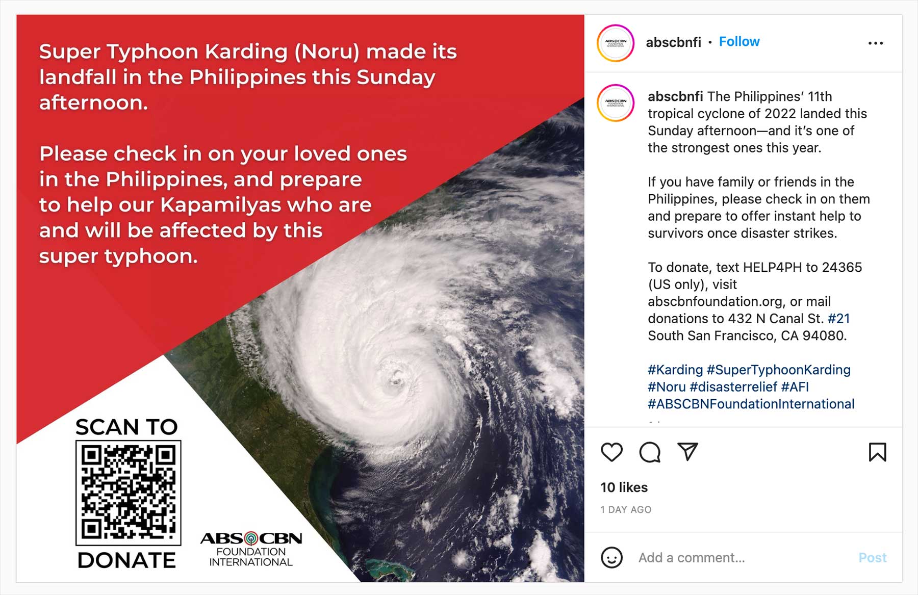 Instagram post from ABS-CBN with "Text HELP4PH to 24365."