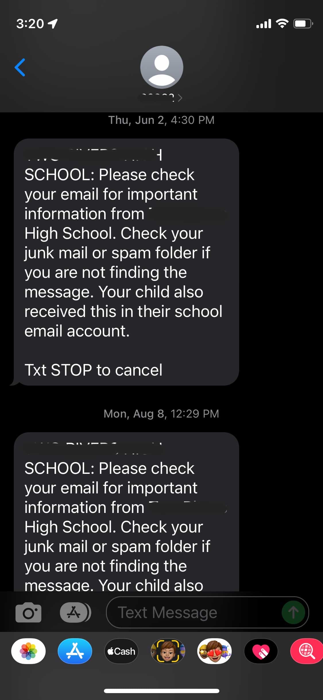 Screenshot of a text message asking you to check your email.