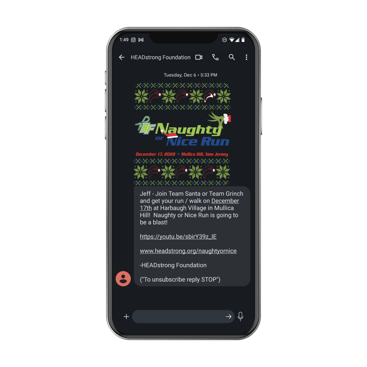 Cell phone showing HEADstrong Foundation text about Naughty or Nice charity run in December 2022.