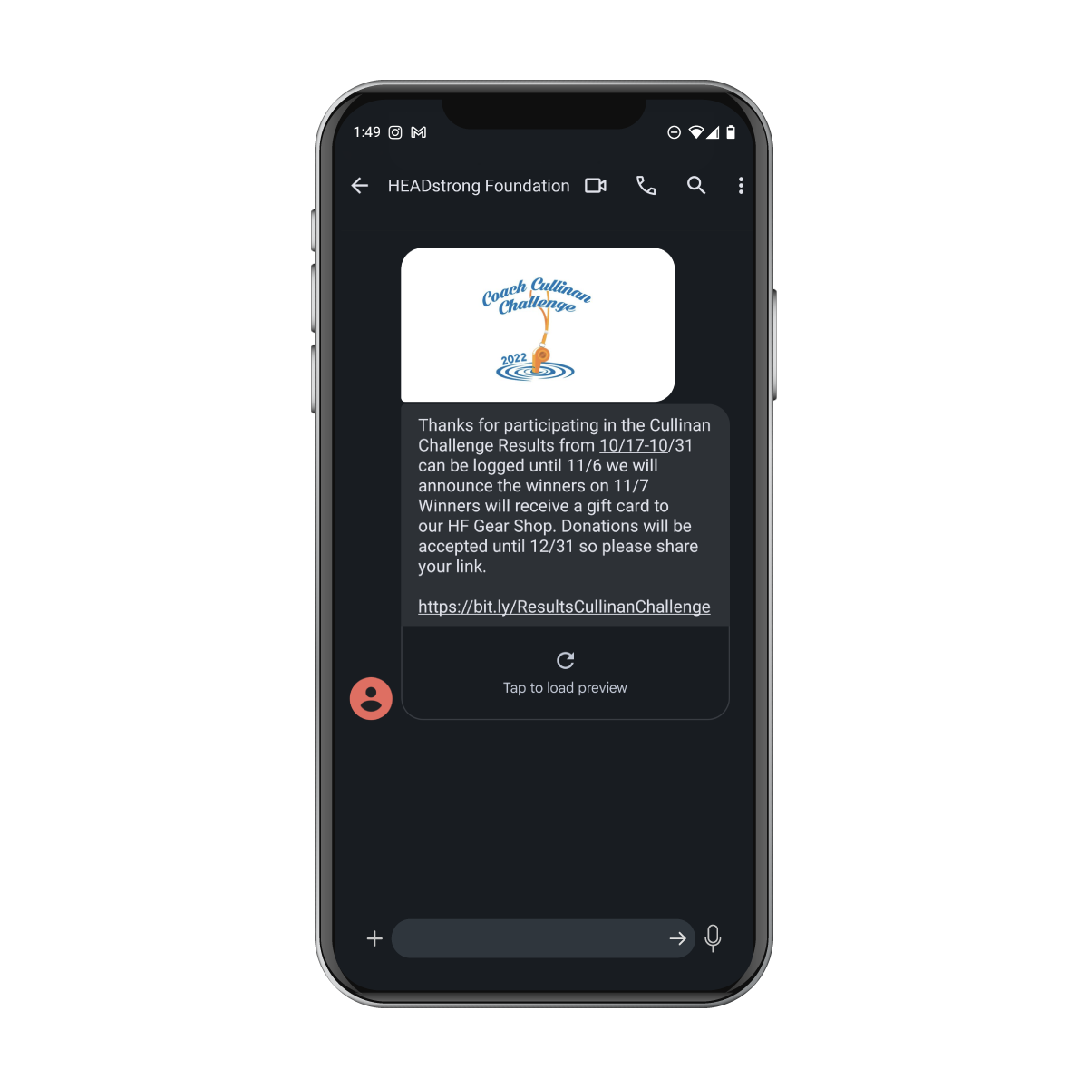 A cell phone showing a HEADstrong Foundation thanking participants in the Coach Cullinan Challenge.